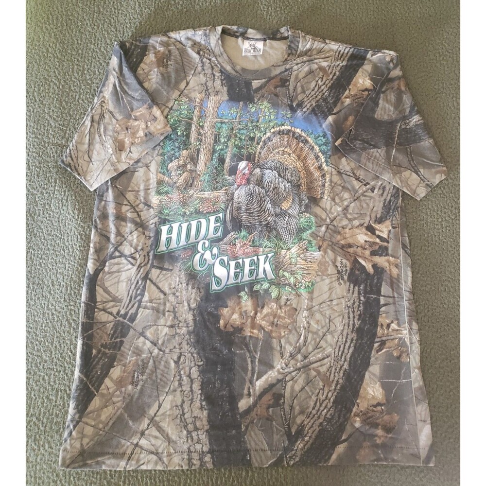 VTG Buck Wear Shirt Mens XL Single Stitch Real Tree Camo Hide&Seek Turkey Funny
